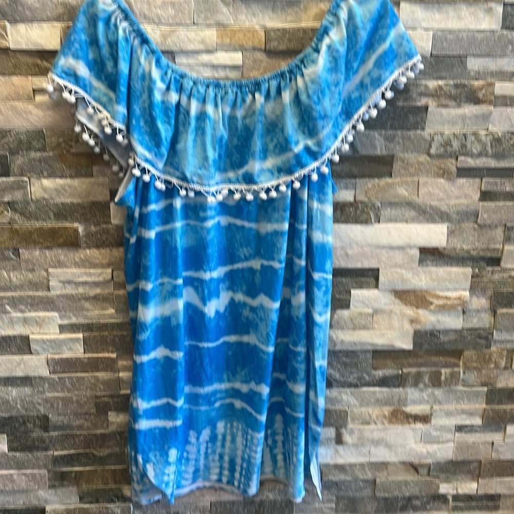Blue Tie-Dye Dress with Pom Pom Trim